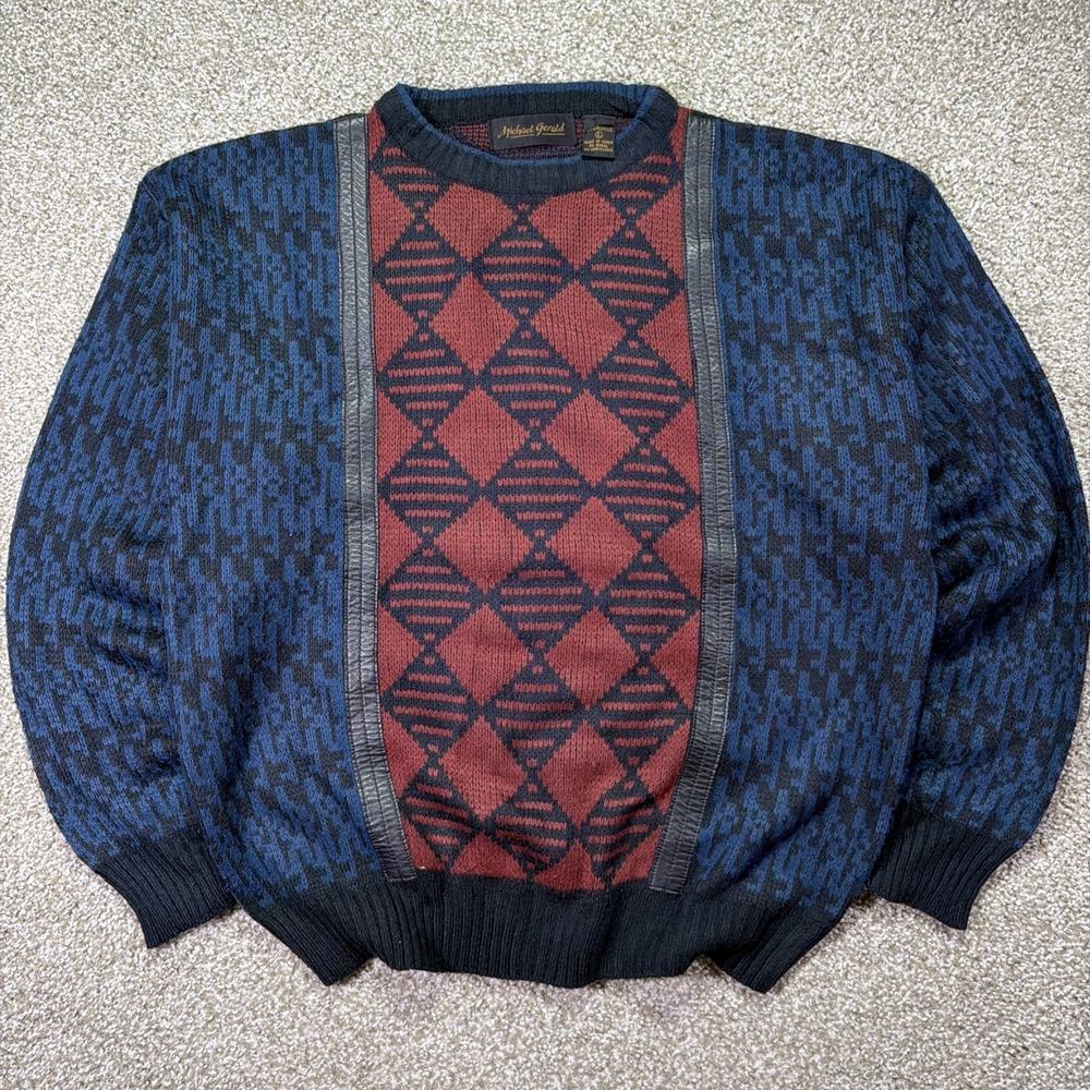 Vintage 90s Michael Gerald Sweater Geometric Two Tone Sz Large Gold Grandpacore